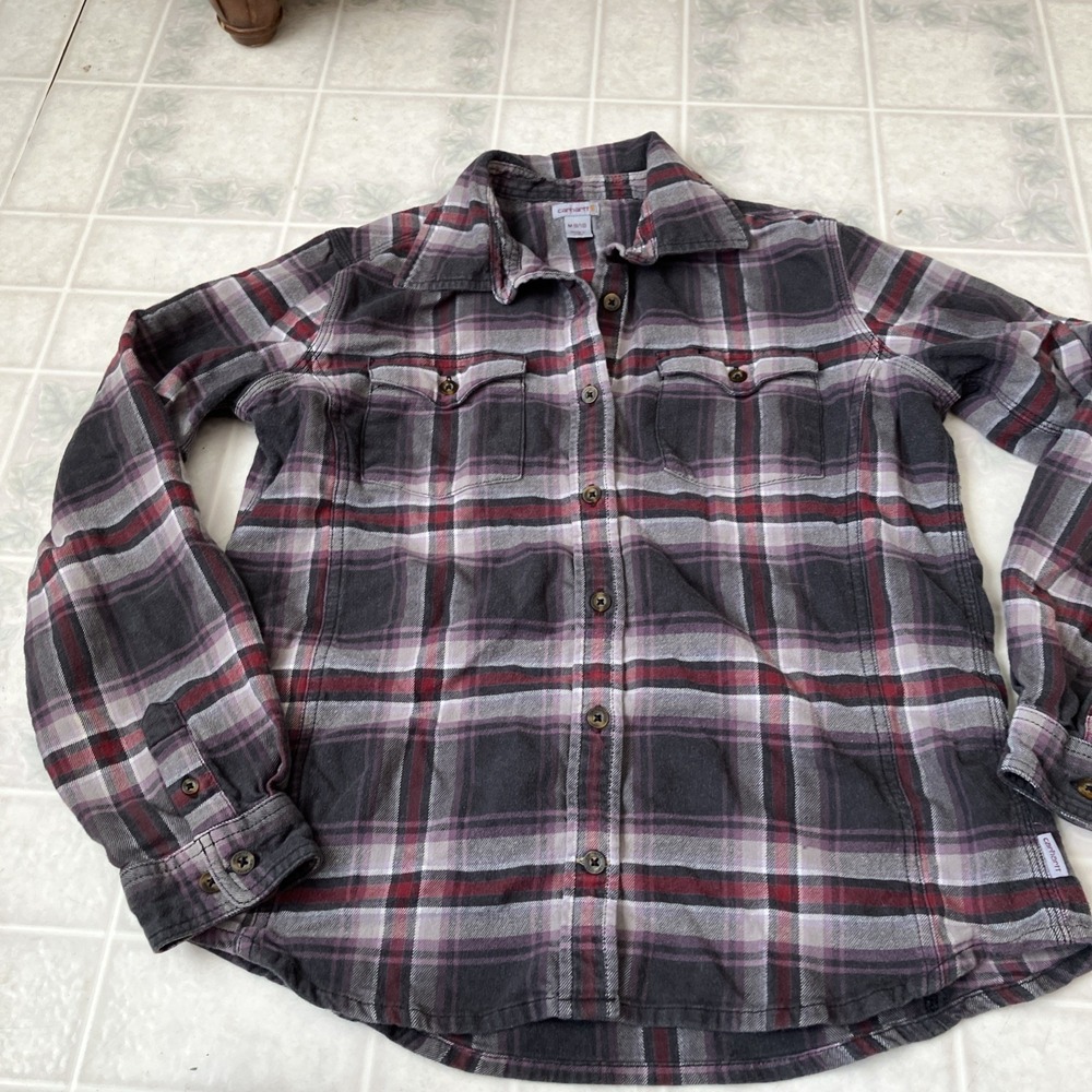 Carhartt Flannel Shirt Womens Medium Gray maroon Plaid Long Sleeve Button Up